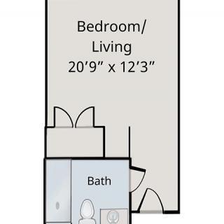 Studio apartment floor plan with a combined bedroom/living space and an attached bathroom.