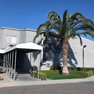 A modern building with a palm tree in front, set against a clear blue sky.