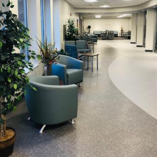 A view of a modern hospital waiting area featuring comfortable seating and decorative plants.