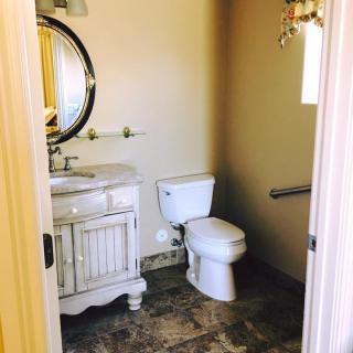 A small, well-decorated bathroom with a toilet, sink, and mirror.