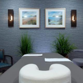 A serene massage room with modern decor, featuring a comfortable massage table, framed artwork, and lush plants for relaxation.