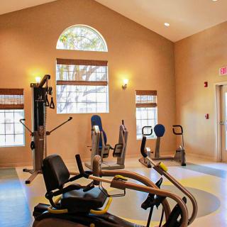 A well-lit gym with various exercise machines and large windows.