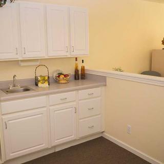 A small kitchen area with white cabinets and a countertop, featuring a sink and decorative items.