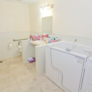 A bathroom with an integrated laundry area featuring a dryer, toilet, sink, and mirror under bright lighting.