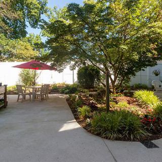 A peaceful garden patio with outdoor seating and lush greenery on a sunny day.