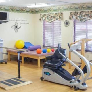 A rehabilitation and therapy room with various exercise equipment, including an exercise bike, balance bars, and colorful exercise balls.