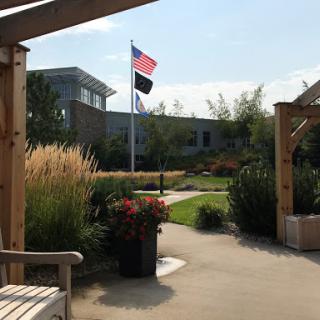 A serene garden scene featuring American and another flag, surrounded by lush greenery and modern buildings.