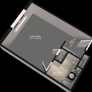 A 3D floor plan of an apartment with labeled rooms, showcasing the layout and design.