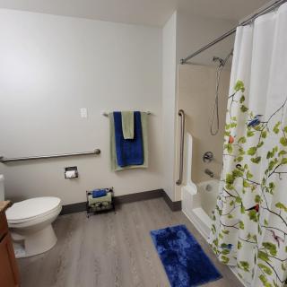 A clean and organized bathroom with a shower, toilet, and blue accents.