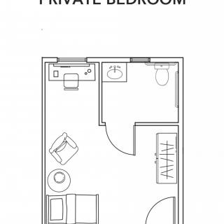 A floor plan of a private bedroom showing the layout and furniture arrangement.