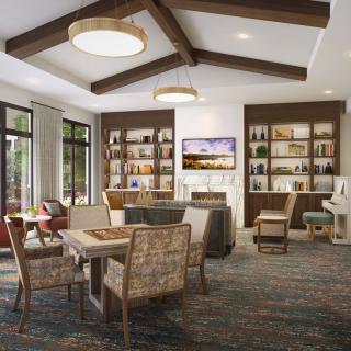 A modern living room with wooden beams and stylish furniture, featuring a seating area and wall-mounted shelves.
