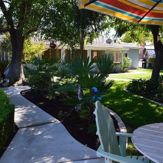 A serene backyard garden with a patio set under a colorful umbrella.