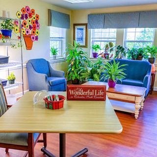 A cozy living room with comfortable seating and an abundance of plants, bathed in natural light from large windows.