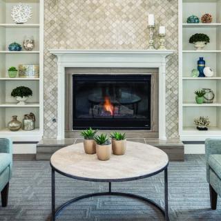 A cozy living room featuring a stylish fireplace surrounded by decorative shelves and a round coffee table with potted plants.