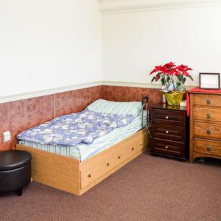 A simple bedroom with a single bed, a decorative poinsettia plant, and a wooden dresser for storage.
