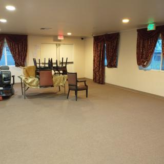 A spacious, carpeted room with various chairs and a table, softly lit with curtains on the windows.