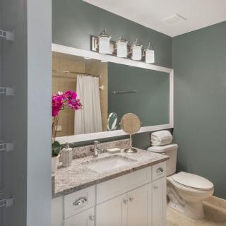 A modern bathroom with elegant decor and a large mirror.