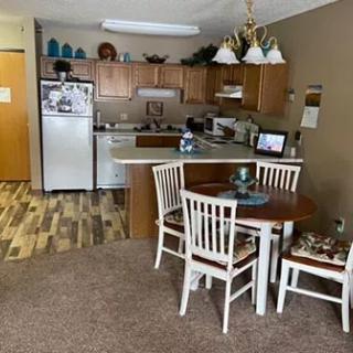Cozy kitchen and dining area with wooden cabinets and a round table.