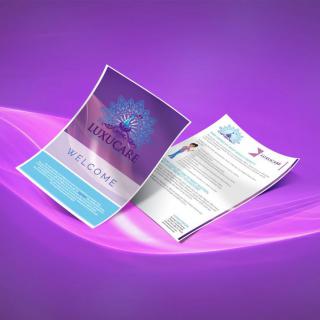 A stylish, colorful flyer and brochure set against a vibrant purple background.