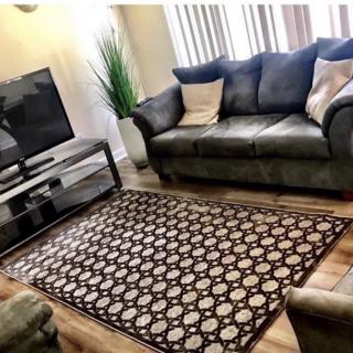 A cozy living room with a modern sofa, patterned rug, and a television setup.