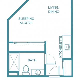 A compact studio apartment floor plan featuring a sleeping alcove, living/dining area, kitchenette, and bathroom.
