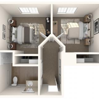A 3D floor plan featuring two bedrooms and a bathroom.