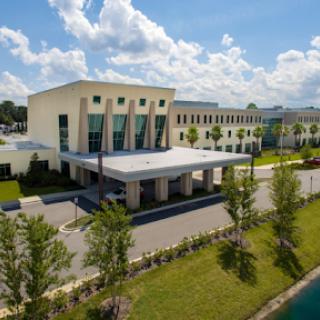 A modern hotel building surrounded by landscaped greenery under a bright blue sky.