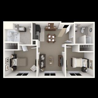 A top-down view of a two-bedroom apartment floor plan showing the arrangement of rooms including a living room, dining area, and bathroom.