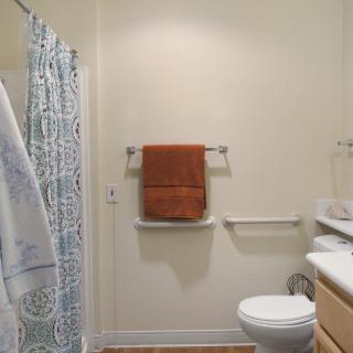 A bathroom with a shower curtain, orange towel, and basic amenities.