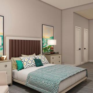 A modern bedroom interior with stylish decor and artwork.