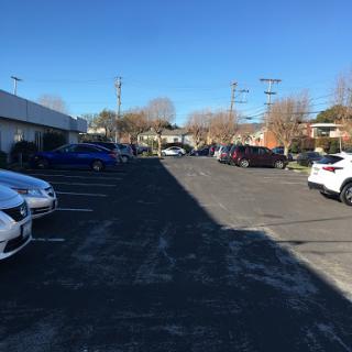 A view of a sunny parking lot filled with various vehicles.