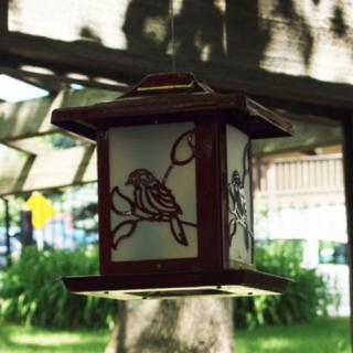 A decorative outdoor lantern with a bird design, hanging in a garden.