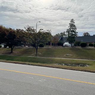 A suburban street with houses and trees on a cloudy day.