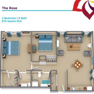 A floor plan of The Rose apartment featuring 2 bedrooms and 1.5 bathrooms, covering 875 square feet.