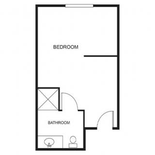 A simple floor plan showing a bedroom and a bathroom.