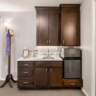 A compact kitchen area featuring dark wood cabinets, a sink, and a mini fridge.