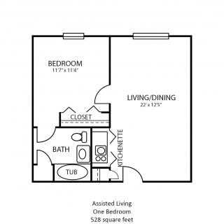 One-bedroom assisted living apartment floor plan, featuring a living/dining area, bathroom, and closet.