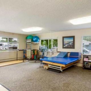 A well-equipped physical therapy room with exercise balls, therapy tables, and various rehabilitation equipment.