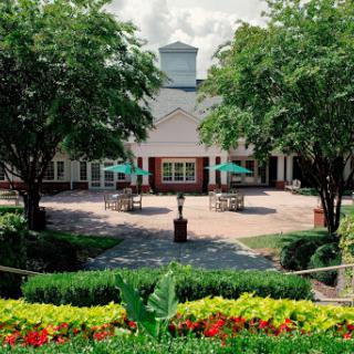 A serene courtyard featuring lush greenery and vibrant flowers, set against the backdrop of a charming building.