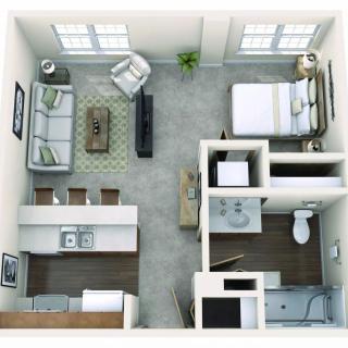 A modern one-bedroom apartment floor plan featuring an open living area, kitchen, bathroom, and a separate bedroom.