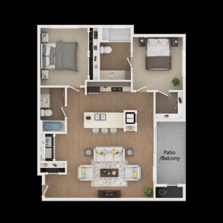 This is a floor plan of a two-bedroom apartment featuring a kitchen, living room, bathroom, and patio balcony.