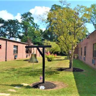 A sunny courtyard featuring brick buildings, a tree, and playground equipment.