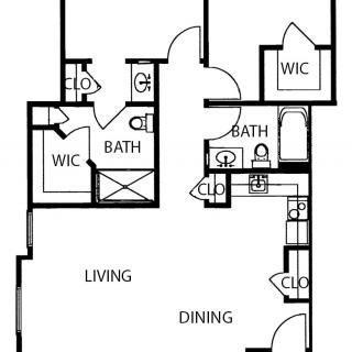 A floor plan of a two-bedroom apartment featuring a living room, dining area, and two bathrooms.