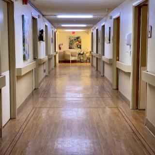 A quiet hospital hallway, featuring rooms on either side and illuminated by overhead lights.