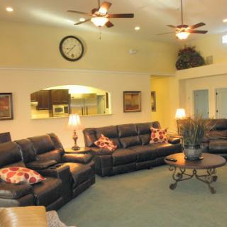 A cozy living room featuring leather sofas, stylish decor, and soft lighting.
