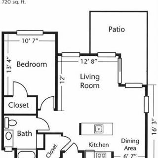 A floor plan of a one-bedroom apartment, including a living room, kitchen, dining area, bathroom, and patio.