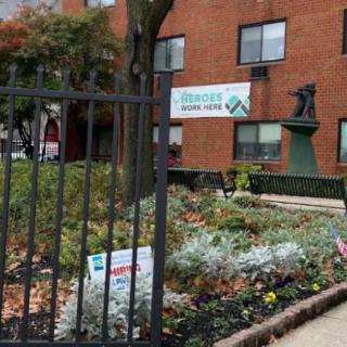 A community garden located in an urban setting, featuring a variety of plants and flowers, bordered by a metal fence and adjacent to a brick building.