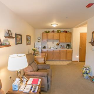 A cozy living room with a kitchenette in the background, featuring comfortable furniture and home decor.