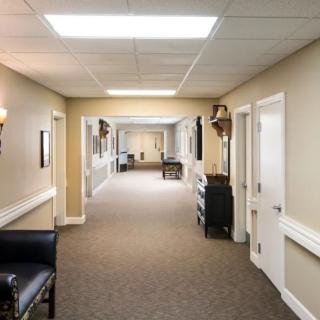 A well-lit hallway with carpeted flooring, featuring doors on each side and some decorative furniture.