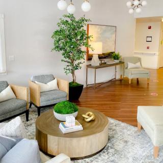 A modern living room with stylish furniture and decor, featuring a round wooden coffee table, plush seating, and a large indoor plant.
